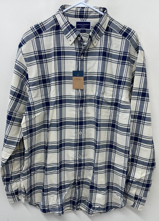 Charles Tyrwhitt Mens XL Non-Iron Twill Large Check Shirt Blue Ivory Flannel