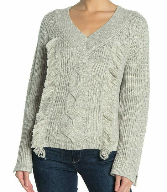 Abound Womens L Heather Gray Cable Knit Fringe Pullover Sweater Gray V-Neck