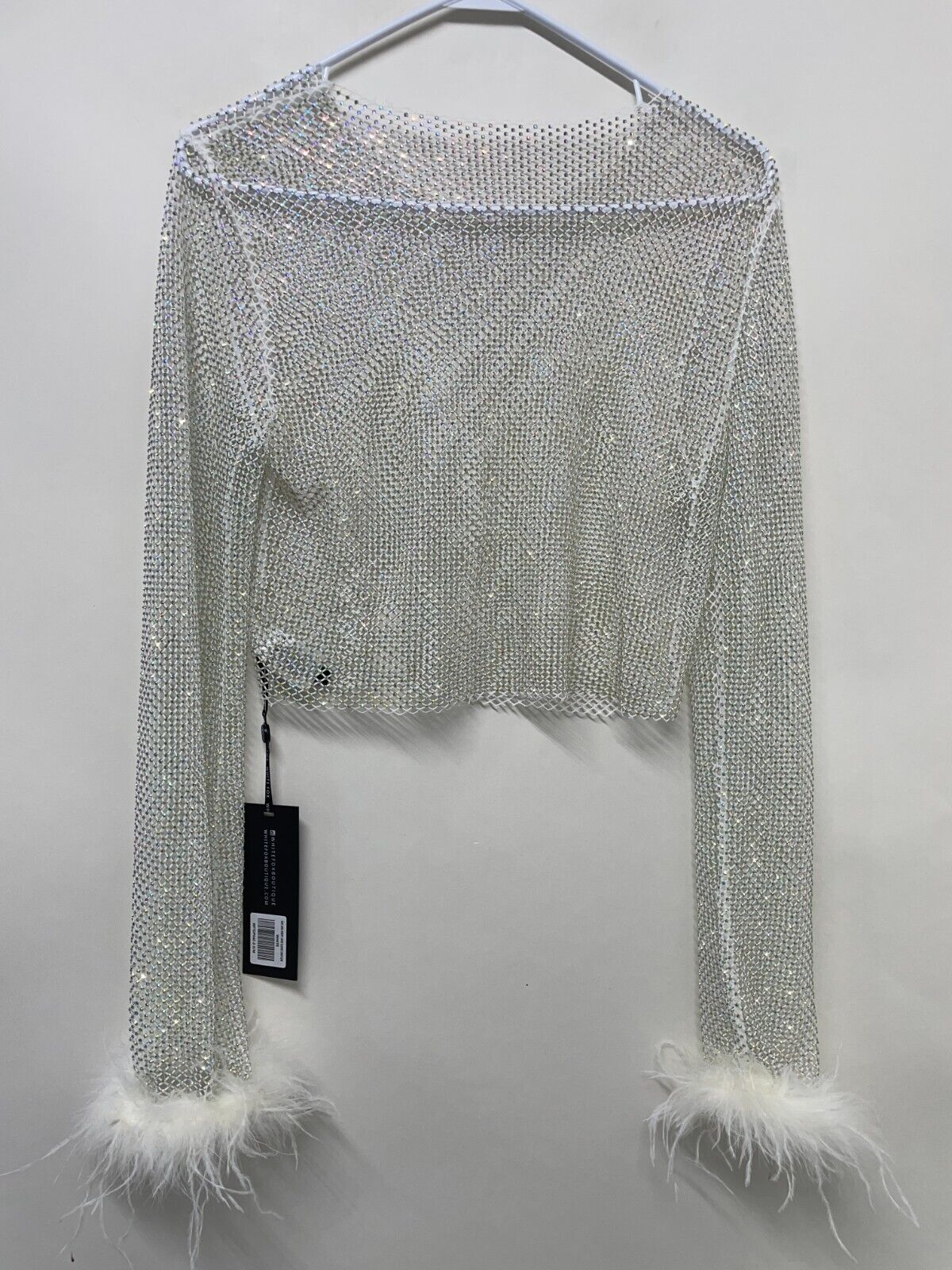White Fox Women S/M Day And Night Long Sleeve Crop Top White Sheer Diamante Rave