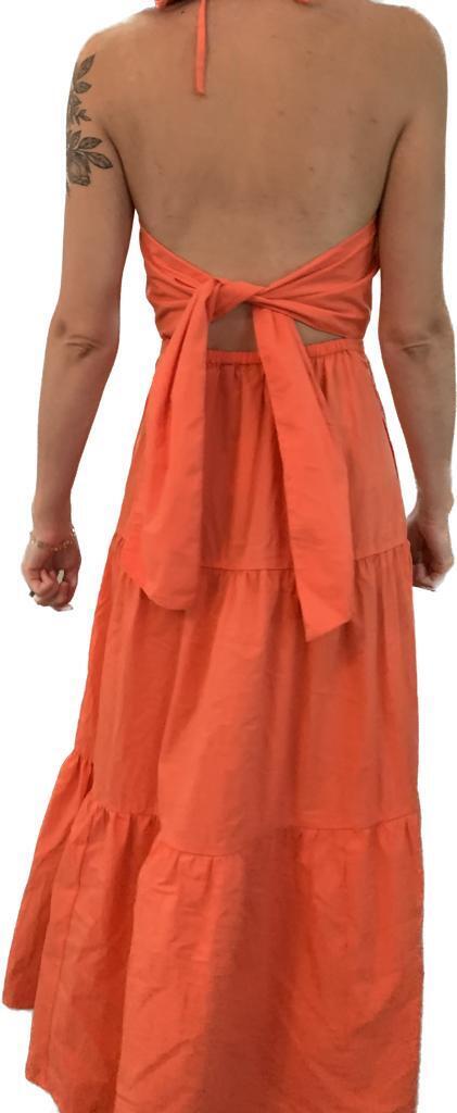 Gap Womens 0 Tie-Back Halter Maxi Dress 814622 Neon Coral Orange Salmon Tiered