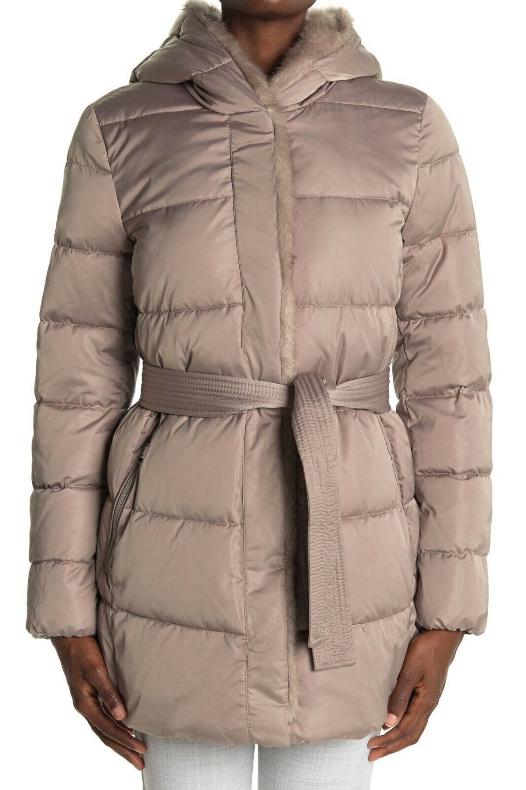 Tahari Womens L Taupe Michelle Faux Fur Puffer Jacket Belted Shawl Gray Coat