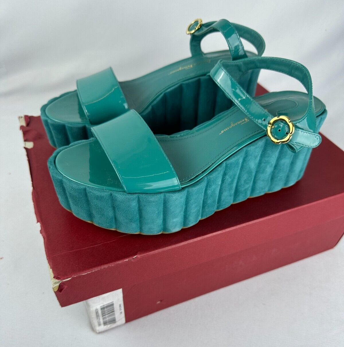 Salvatore Ferragamo Womens 8 Tropea Jade Vine Leather Platform Sandals 0684894