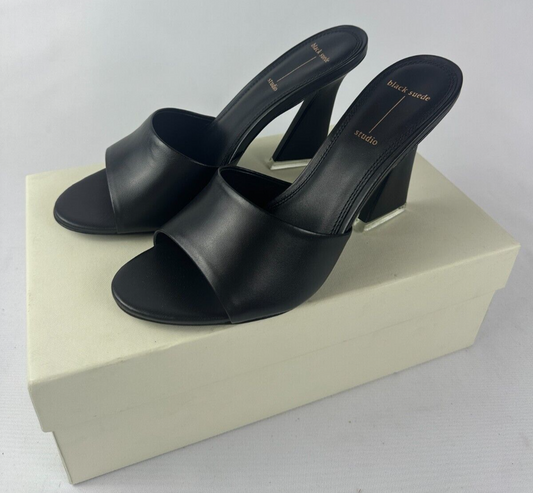 Black Suede Studio Womens 9 Nadya Tilt-Heel Mule Sandals Leather Open Toe