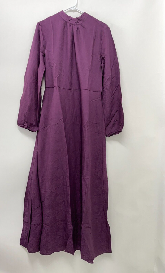 DownEast Women's L Nikki Tie Back Maxi Dress Prune Purple A-Line Mock Neck NWT