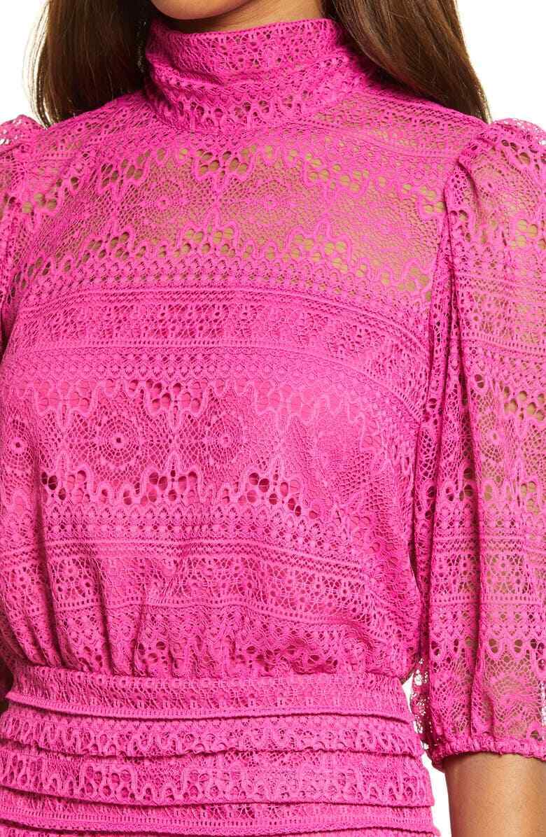 Saylor Womens Very Berry Pink Tie Neck Elenora Lace Mini Dress NWT