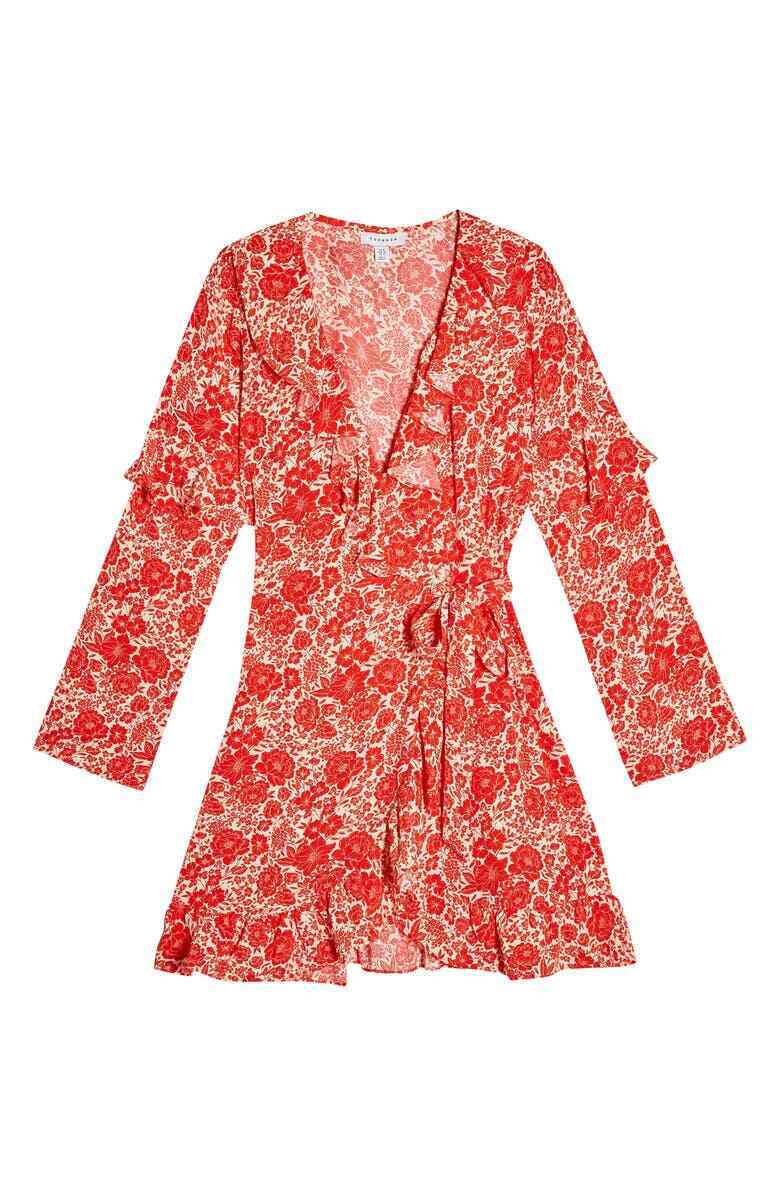 Topshop Womens 8 Red Floral Print Ruffle Long Sleeve Wrap Mini Dress NWT Orange