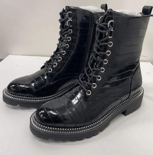 River Island Womens 6 Wide Fit Silver Rand Lace Up Boot Black Aliigator Biker