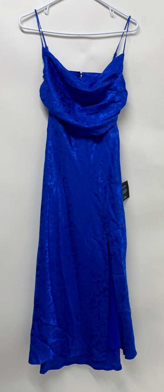 Lulus Women's S Floral Jacquard Satin Midi Dress Royal Blue Cowl Neck Open Back