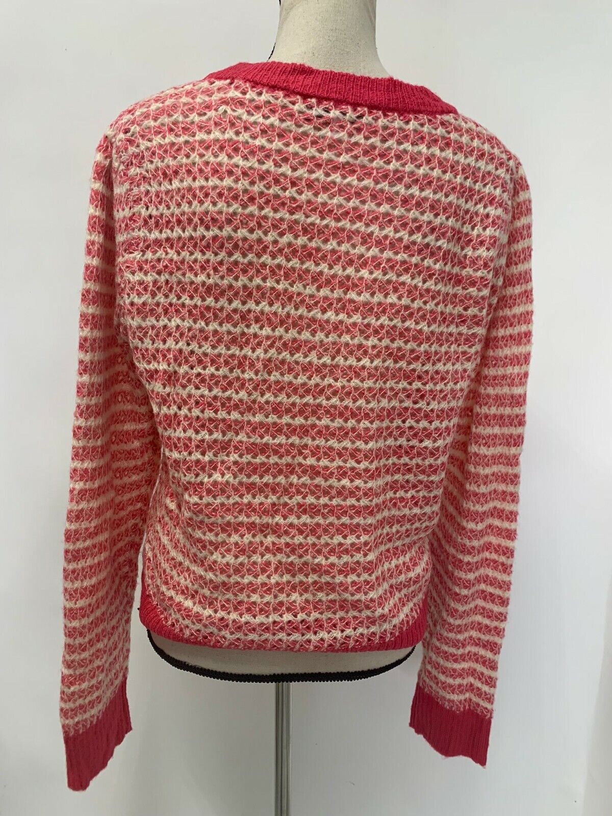 WAYF Womens Pink Waffle Stripe Open Knit Crew Neck Pullover Sweater