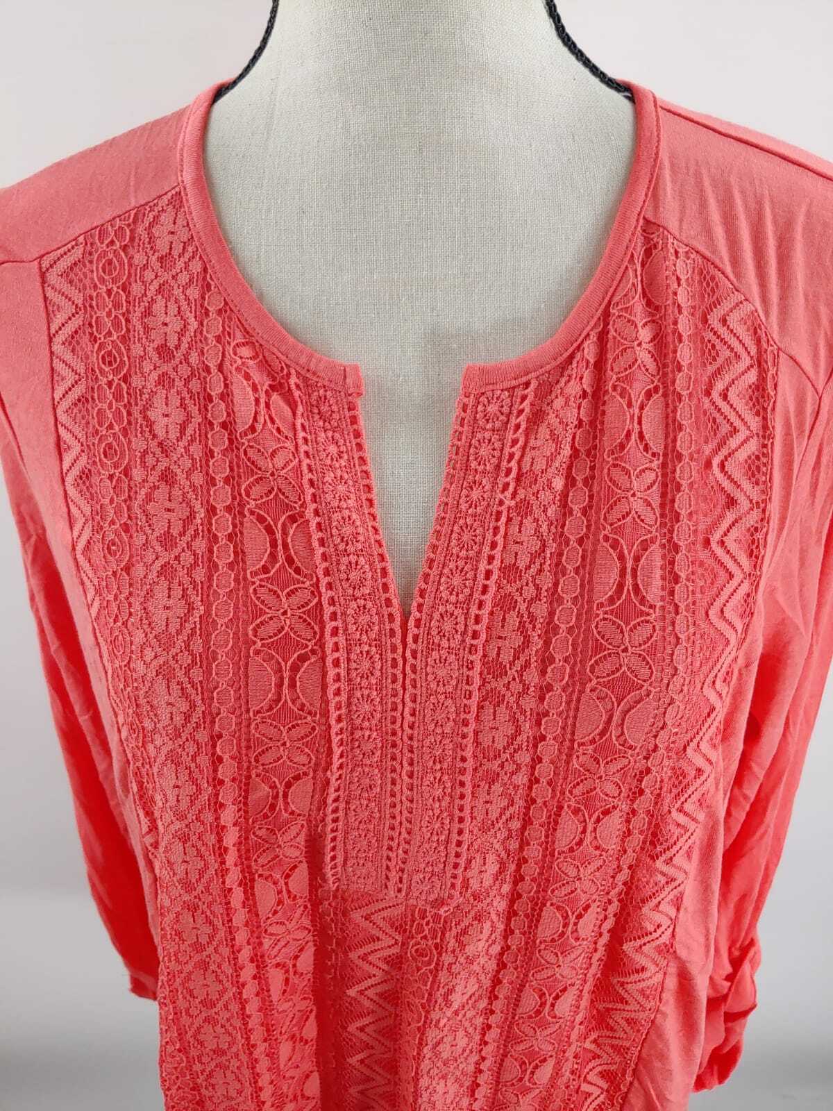 RXB Womens Embroidered Roll Tab Sleeve Popover Tunic Blouse Top NWT