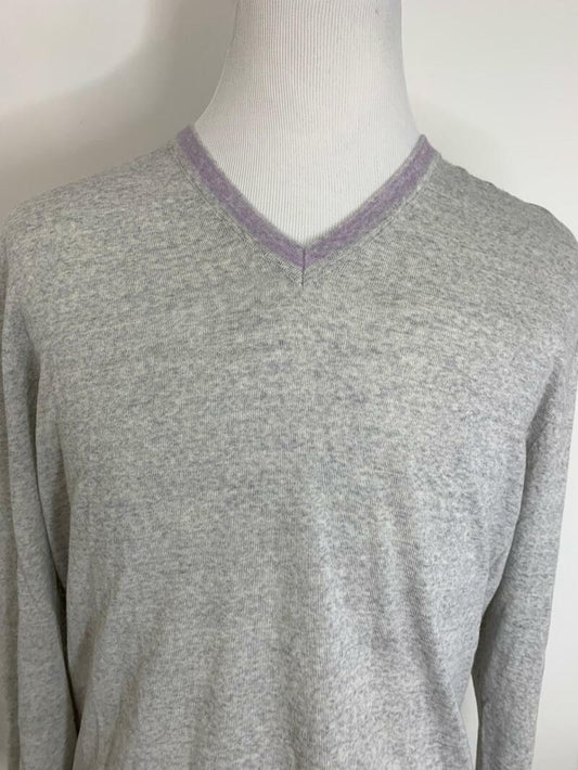 Jared Lang Mens XXL Grey Lavender V-Neck Knit Pullover Sweater Merino Wool Blend