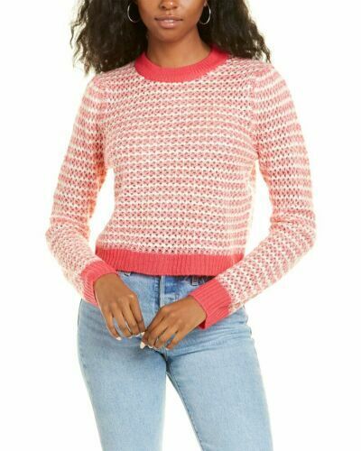 WAYF Womens Pink Waffle Stripe Open Knit Crew Neck Pullover Sweater