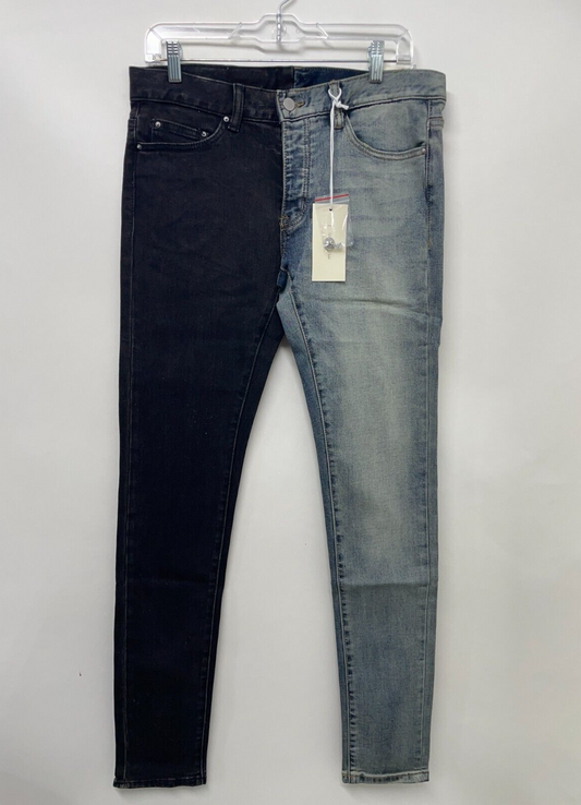 MNML Men 30 M307 Stretch Denim Skinny Jeans Two-Tone Blue/Black Split Colorblock
