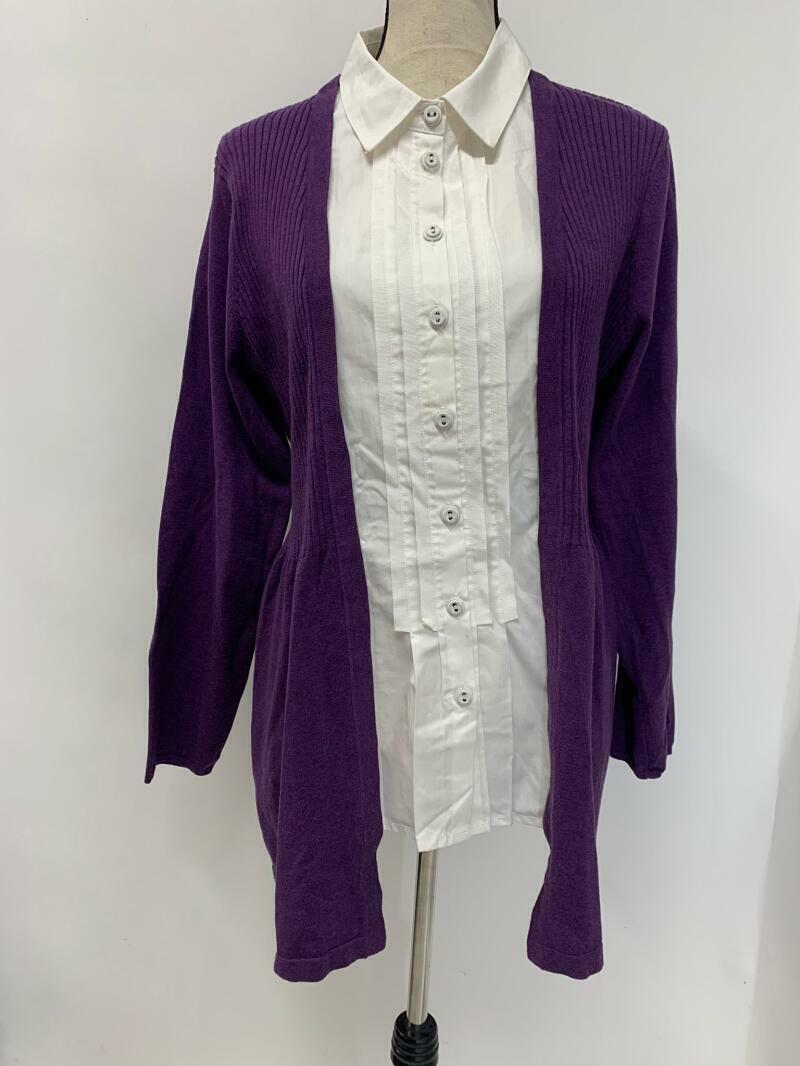 Foxcroft Womens 1X Purple Sweater Button Down Top Pleated Dress Shirt Rib Tunic