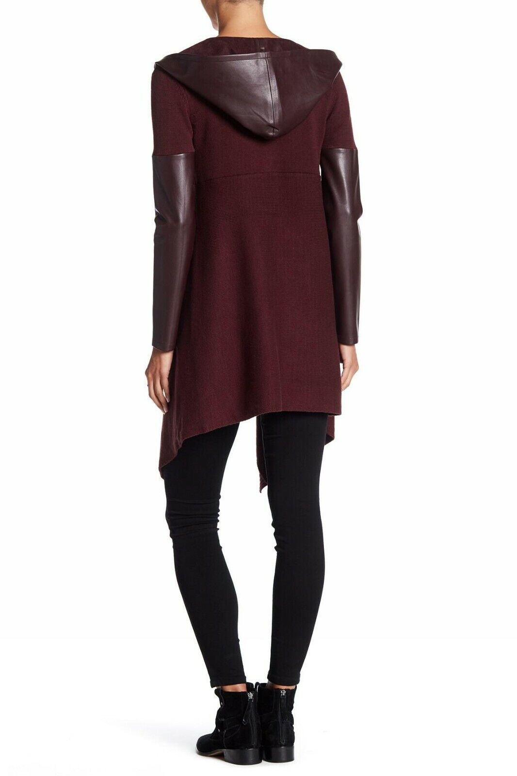 BlankNYC Womens Wine Burgundy Faux Leather Trim High/Low Cardigan Sweater