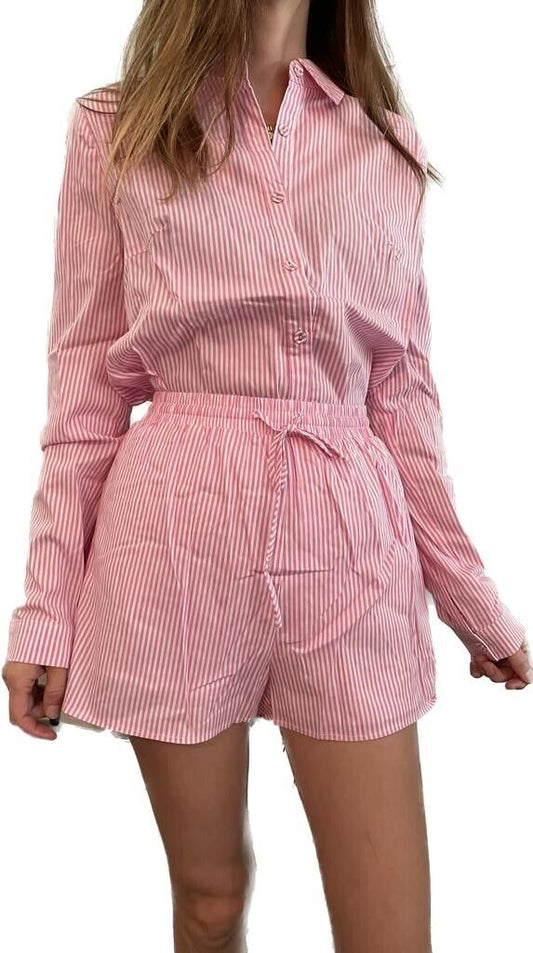 Princess Polly Womens 2 Pink White Stripe Chloe Set Dress Shirt & Shorts