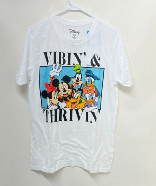 Disney Mens M VIBIN & THRIVIN Mickey Mouse Squad Short Sleeve Graphic Tee White