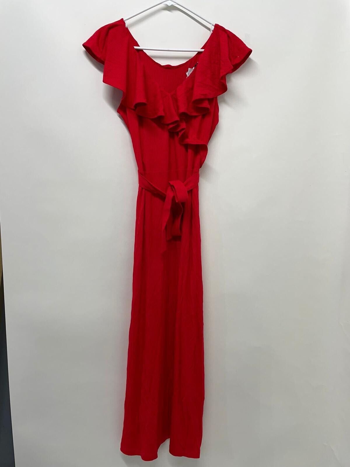 & Other Stories Womens M Red Ribbed Belted Wrap Ruffle Surplice Neck Midi Dress