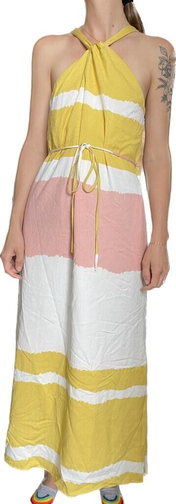 Banana Republc Womens 4P Yellow White Tie Dye Stripe Twisted Halter Maxi Dress