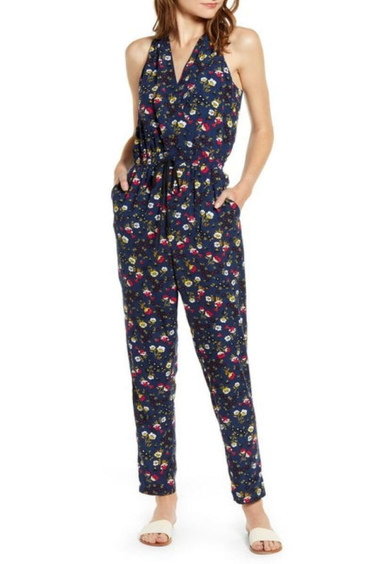 Chelsea28 Womens XS Navy Red Floral Print Sleeveless Tie Waist Jumpsuit