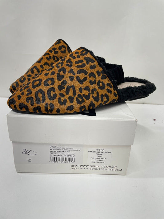 Schutz Womens 7B Pompey Calf Hair Sling Back Flat Sandals Slipper Wild Leopard
