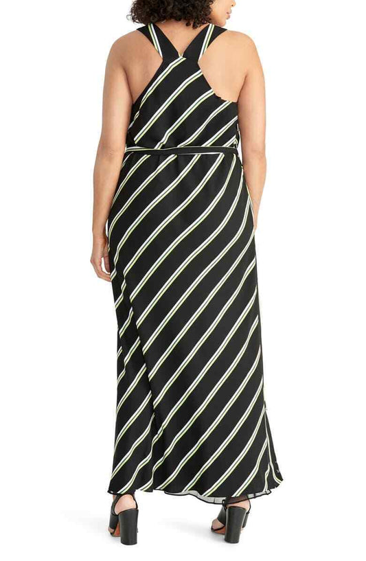 Rachel Roy Womens XS Black Neon Green Jacey Striped Maxi Dress Belted Racerback