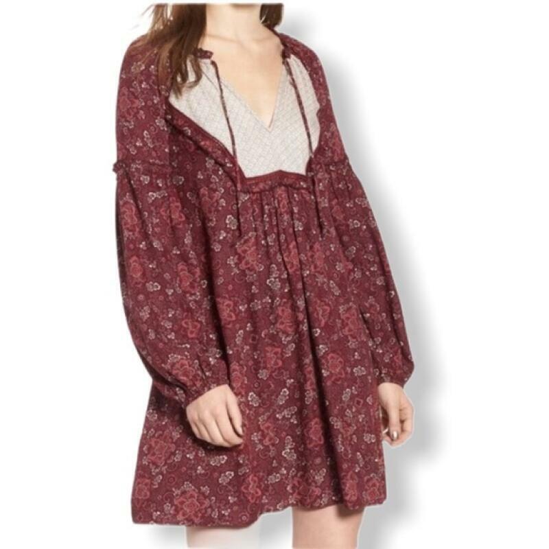 Hinge Womens XS Red Tannin Floral Mix Print Peasant Mini Dress Split Neck NWT