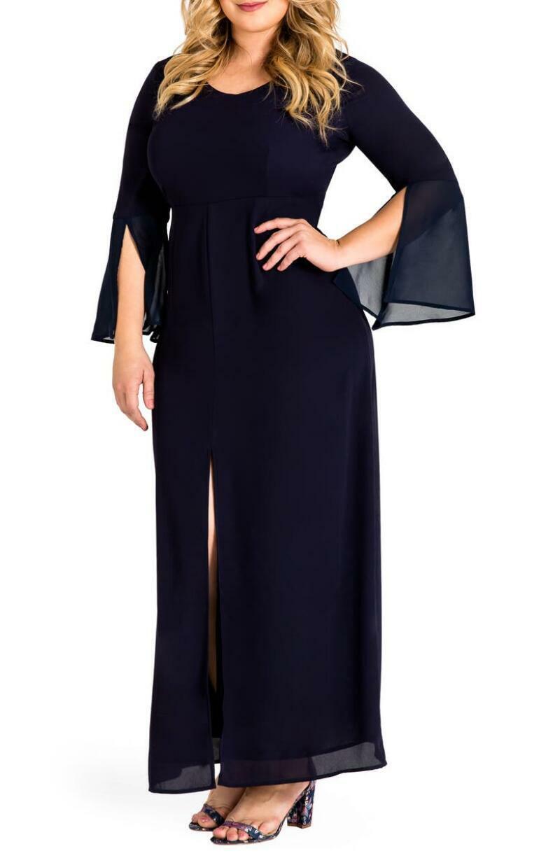 Standards & Practices Womens 1X Navy Norah Maxi Dress Chiffon Bell Sleeve Sheer