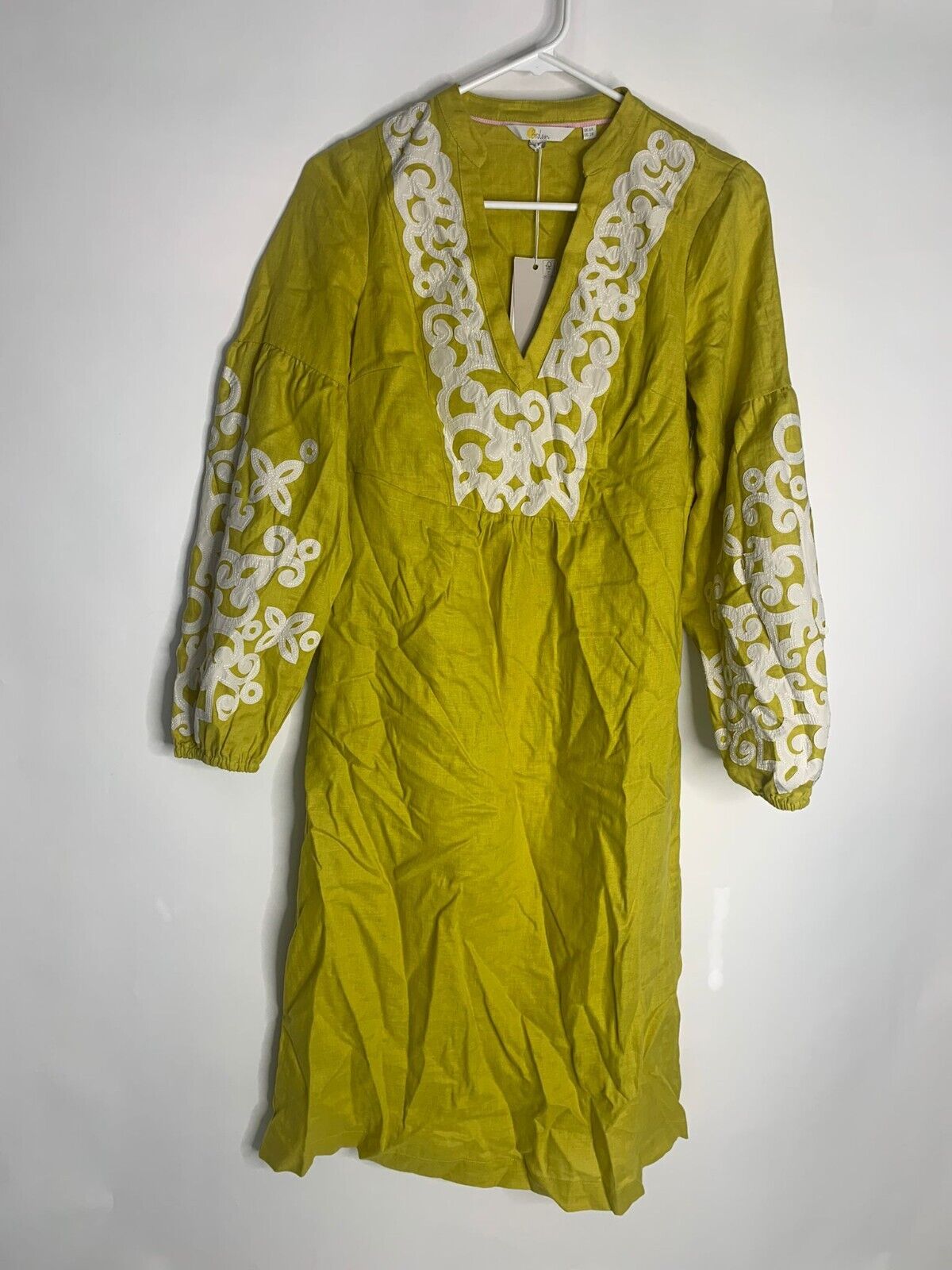 Boden Womens 2 W0691 Leonie Embroidered Linen Dress Chartreuse Yellow
