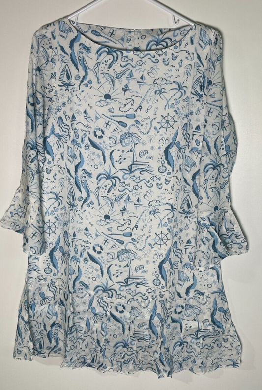 Hiho Women's XL Jeannie Dress Airy Blue Weekend Lined Bell Sleeve Ruffle Hem