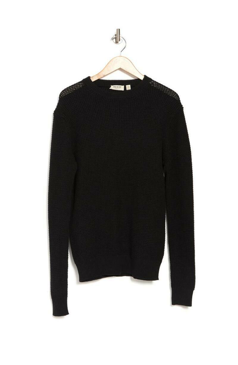 Hedge Mens L Black Shaker Crew Neck Pullover Sweater Waffle Knit