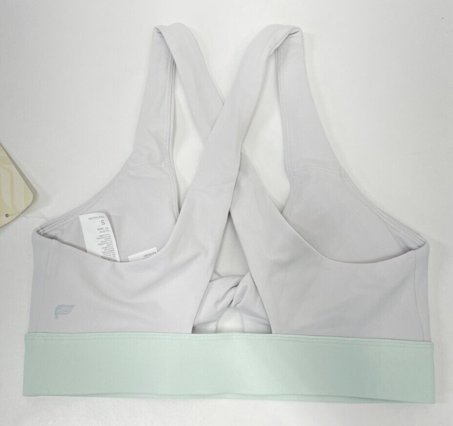 Fabletics Womens L Oasis Twist Sports Bra Soft Grey/Ice Cube Colorblock Gym