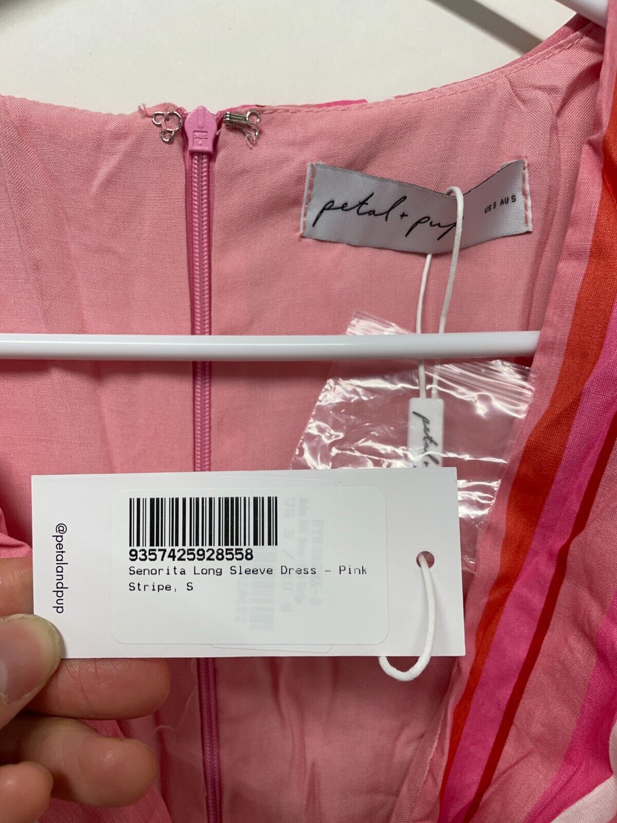 Petal + Pup Women's S Senorita Long Puff Sleeve Dress Pink Stripe Midi V-Neck
