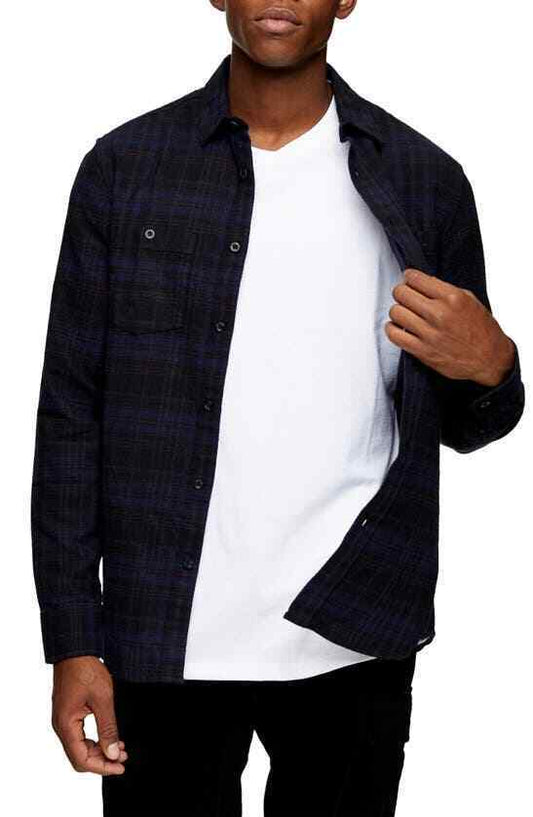 Topman Mens S Navy Blue Gothic Check Plaid Button-Up Sport Shirt Flannel