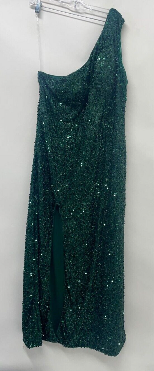 Giffniseti Womens 2XL Slit Green Sequin One Shoulder Dress Maxi Gown Holiday