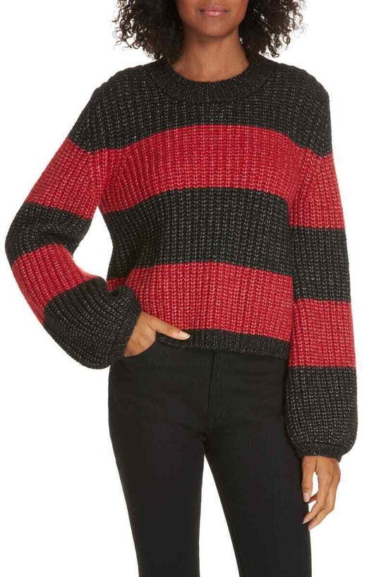 La Ligne Women S Red Black Knit Colorblock Balloon Sleeve Crop Sweater Mock Neck