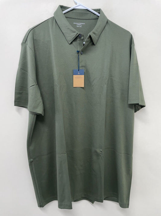 Charles Tyrwhitt Mens XL Smart Jersey Polo Shirt Plain Olive Green Golf Casual