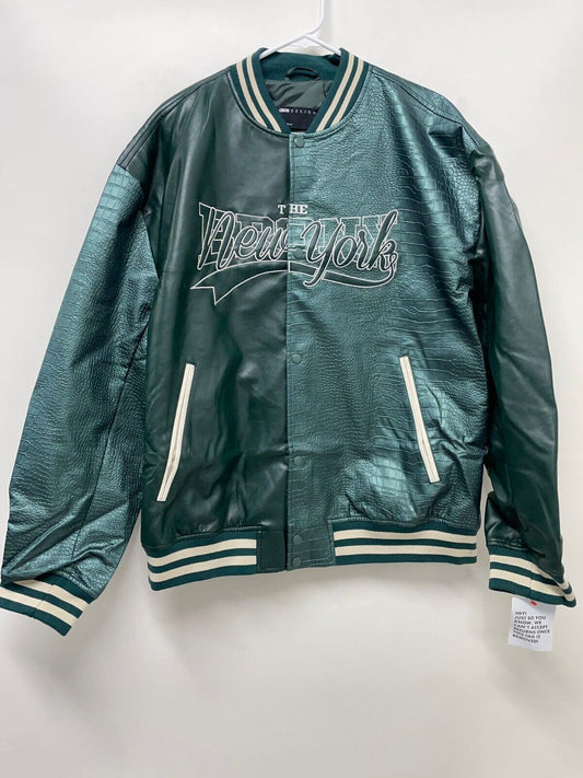 ASOS Mens XL Faux Leather Splice Varsity Bomber Jacket Bronx NY Embroidery Green