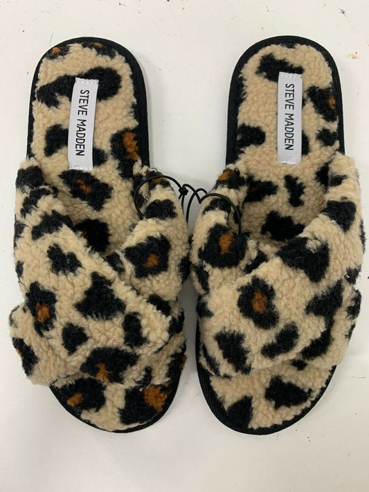 Steve Madden Women Leopard Print Criss Cross Slippers Sandals Peaceful Fuzzy