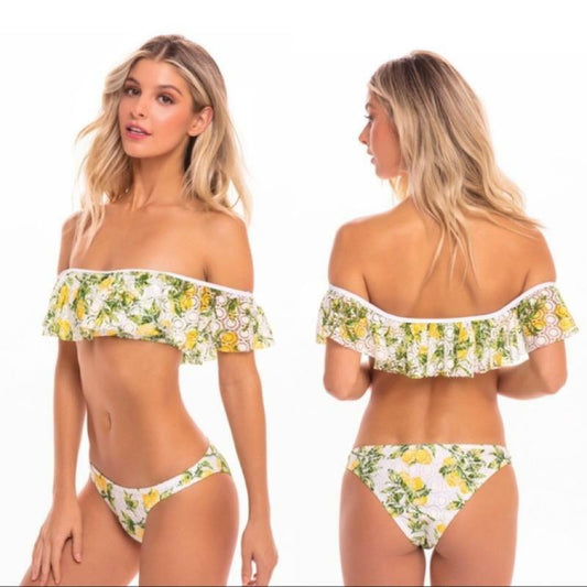 NWT Cabana del Sol Womens S Yellow Floral Off Shoulder Ruffle Bikini Top
