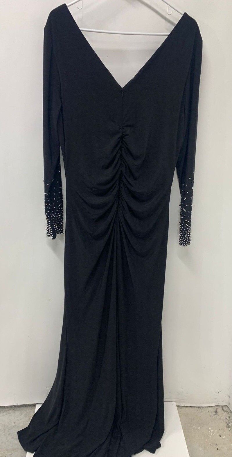 Xscape Womens 14W Embellished Long Sleeve Gown V Neck Beaded 3072W Dress Ruched