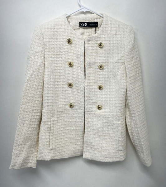 Zara Womens S Textured Blazer Tweed Jacket Gold Ivory 8706/187/712