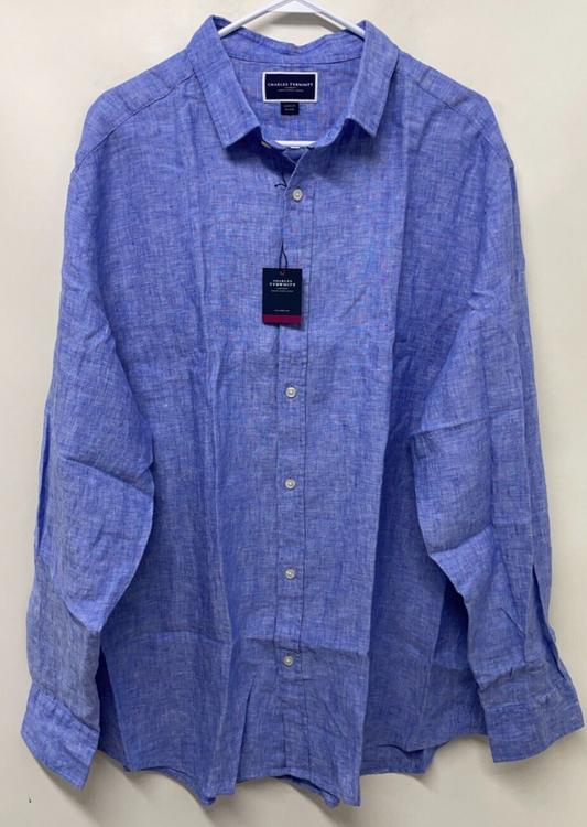 Charles Tyrwhitt Mens XXL Classic Fit Pure Linen Shirt Cobalt Blue Button Down