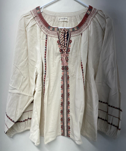 Lucky Brand Womens L Embroidered Peasant Blouse Boho Split Neck Tassel 7W46537