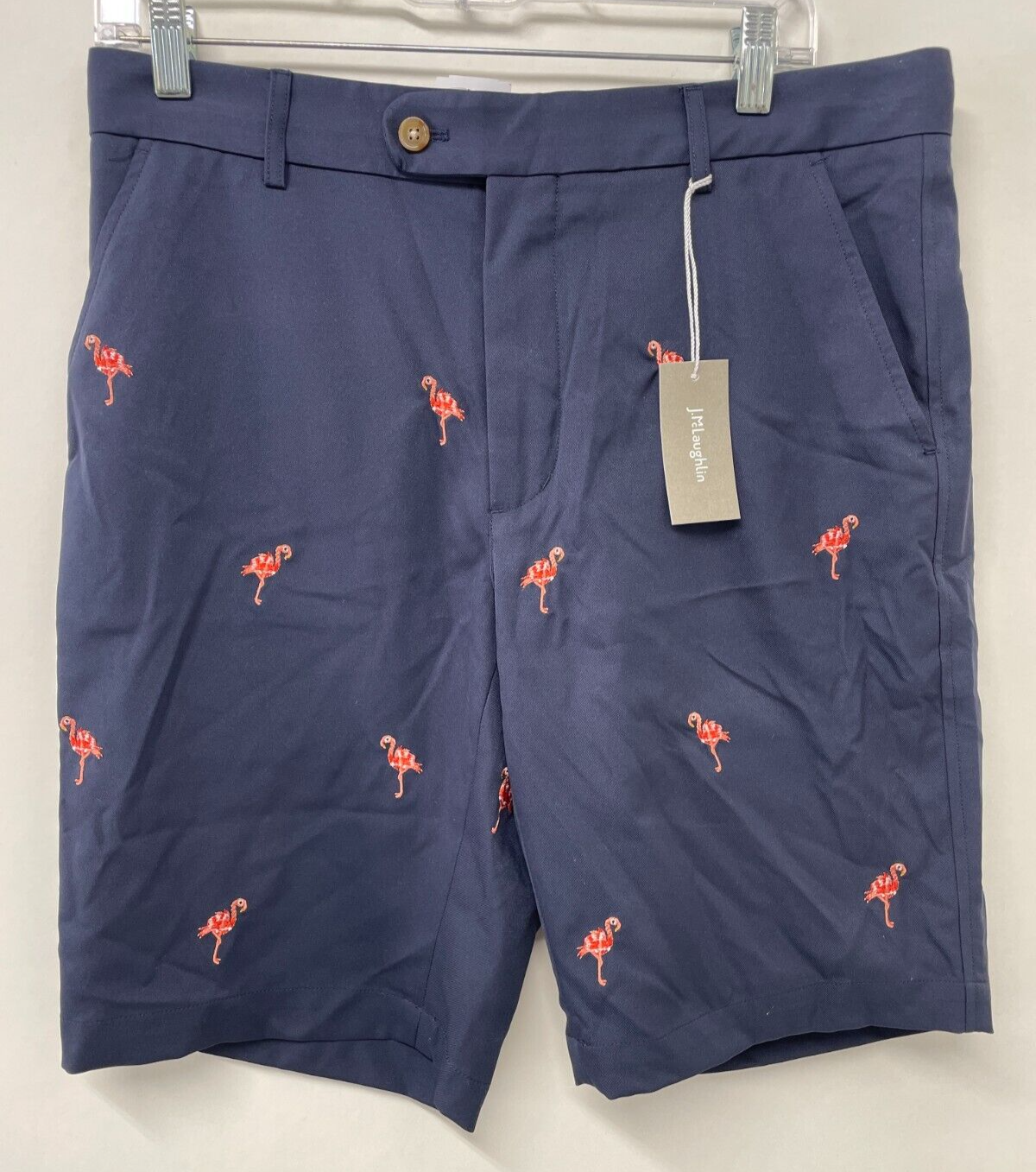 J. McLaughlin Mens 32 Bradley Performance Shorts Navy Flamingo 9.5" Embroidered