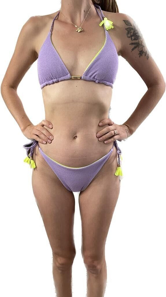 Fiorella Womens M S Reversible Scrunch Butt 2 Piece Bikini Purple Neon Brazilian