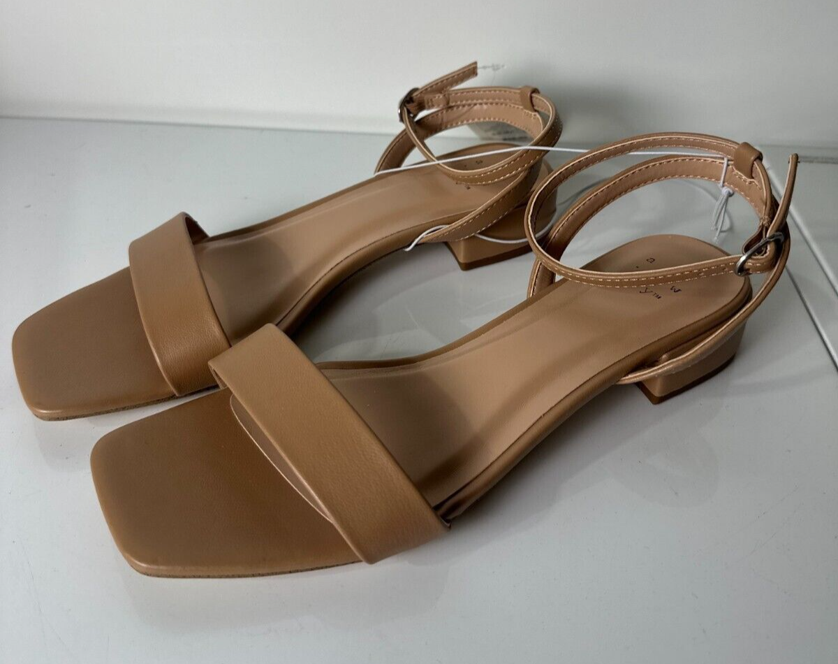 A New Day Women's 7.5 Delores Square Toe Ankle Strap Sandals Tan 096-07-3003