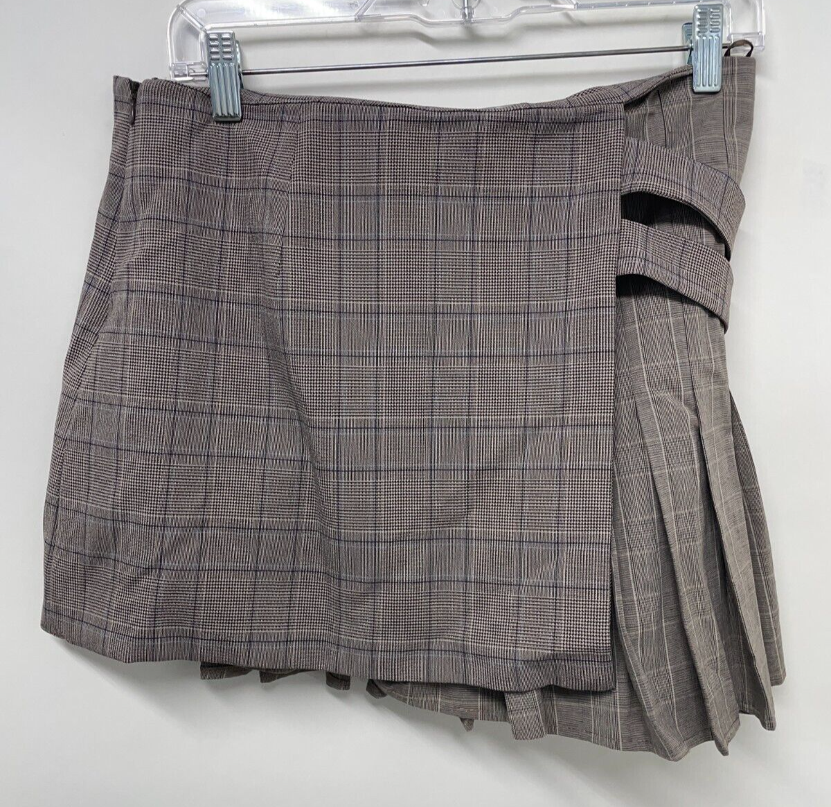 Zara Womens M Check Mini Skirt Beige Plaid High Waist Pleated Side Zip 4661/114