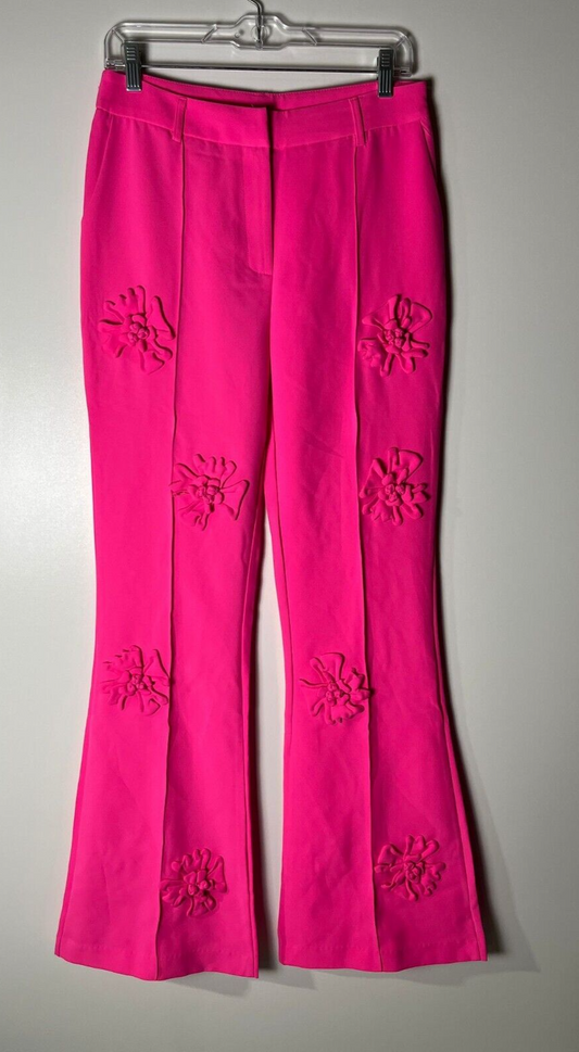 Catchall Women's L Modern Floral Appliqué High Rise Straight Leg Pants Hot Pink