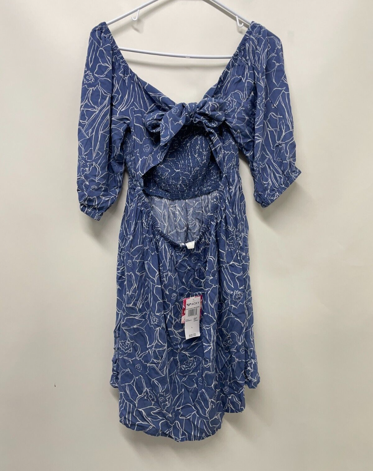 ROXY Women's L Satin Sands Mini Dress Bijou Bue Linear Floral Puff Sleeves NWT